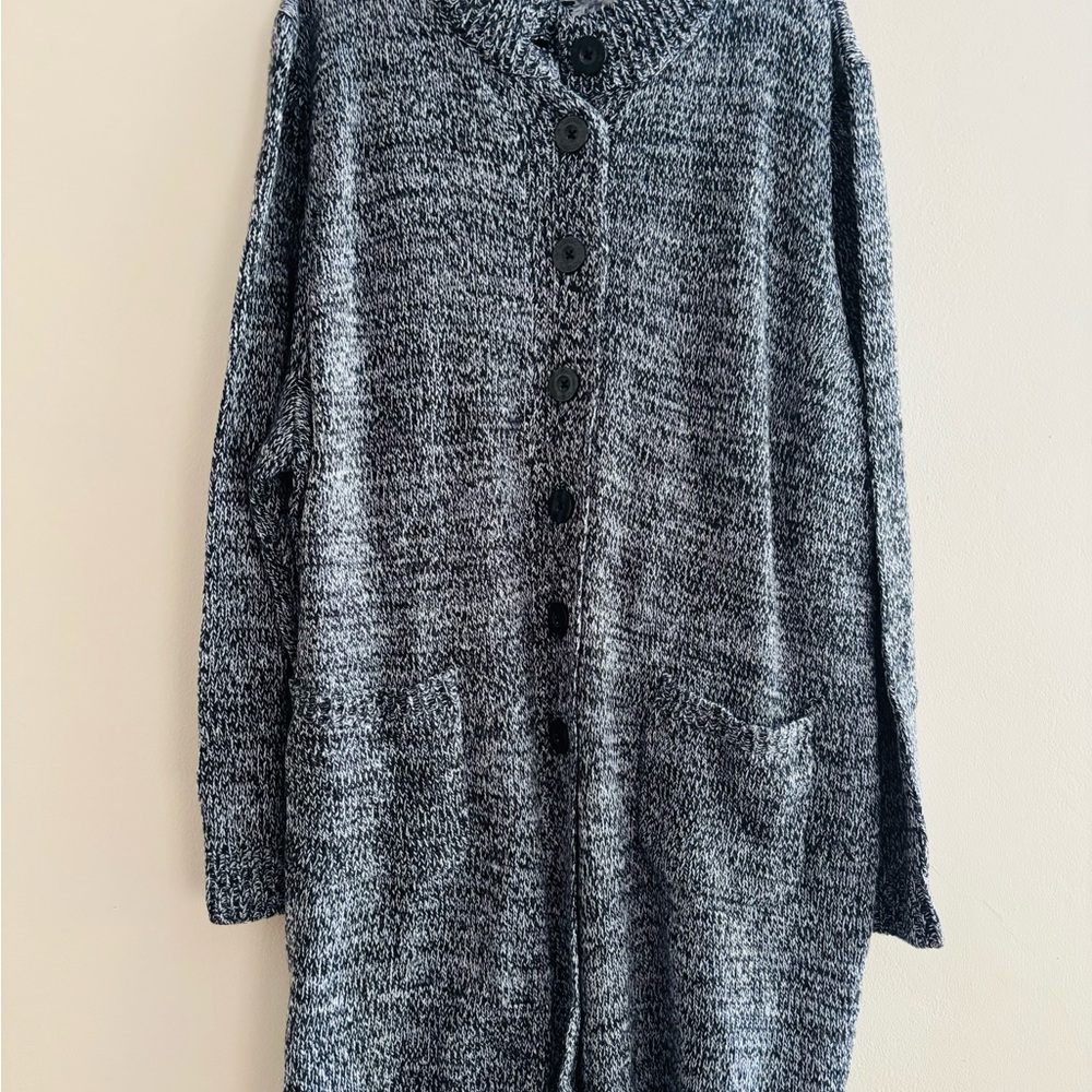 Woman Within Black/White Long Knit Cardigan Sweater